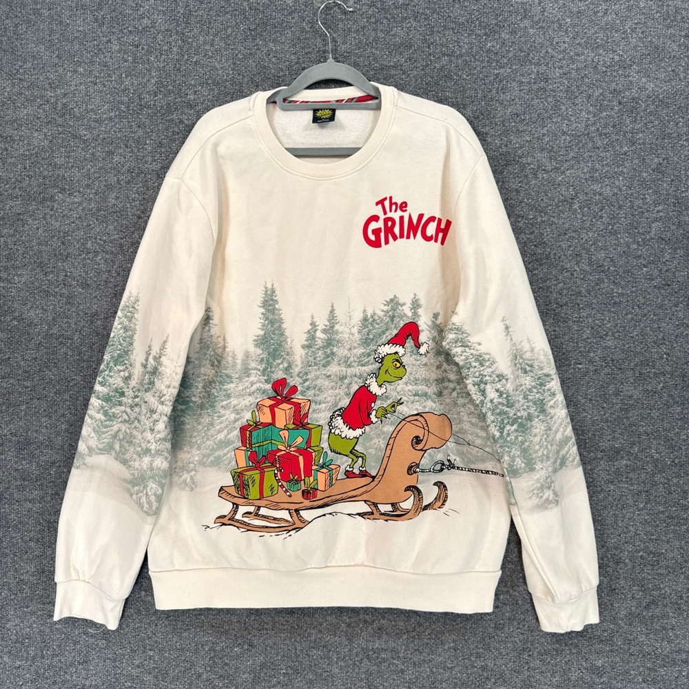 The Grinch Sweatshirt Adult XL Cream Sleigh Graphic Holiday Christmas Crewneck